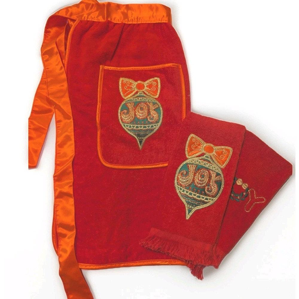 Vintage Royal Terry Waist‎ Apron And 2 Tea Towels Christmas Joy Red MCM Retro